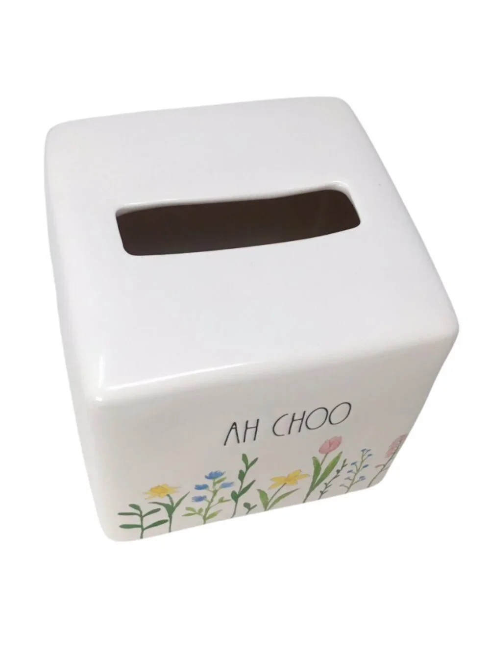 Rae Dunn Tissue Box Cover Holder Ah Choo Floral Spring Flowers Ceramic Square